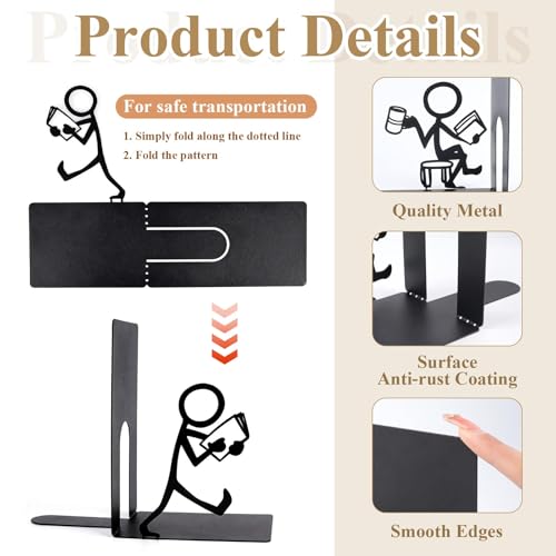 2 Pcs Metal Book Ends, Black Decorative Bookends for Shelves, Heavy Duty Non-Skid Bookend Unique Book Holder Stopper for Heavy Book Support Storage, Home Office School Library Desk Shelf Use