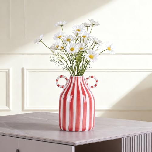 Ceramic Red and White Striped Vase with Handle, Modern Minimalist Christmas Accent Decor Home for Centerpieces for Tables, Kitchen Office, Bookshelf, Bedroom Aesthetic Decor (Red White) - color: Red White