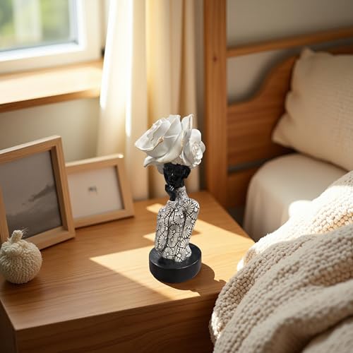 Lescafita African Woman Sculpture with White Rose Headdress, Black and White Resin Statues, Modern Abstract African Art Statue for Home Decor Shelf Table Office Display - color: 112-white