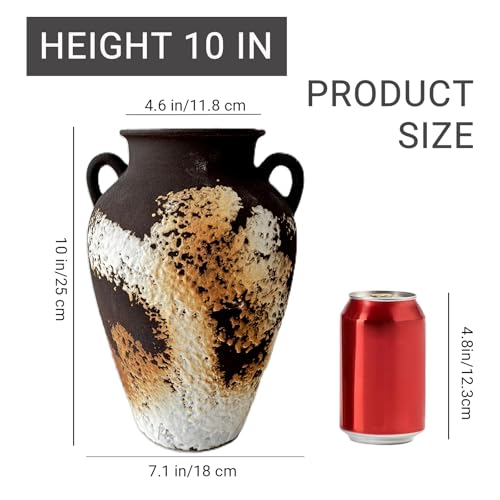 10 Inch Hand-Sculpted Ceramic Flower Vase, Vintage Terracotta Vase with Handles, Decorative Pottery for Home Decor and Office (Matte Black and Dark Brown)