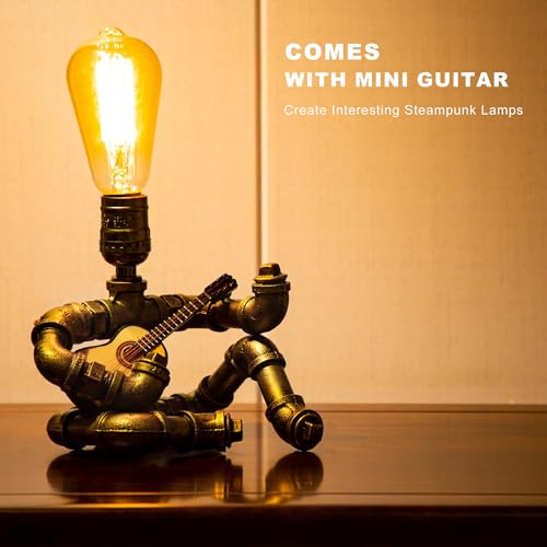 Music Guitar Table Lamp,Steampunk Table Lamp,Retro Guitars Steampunk lamp,Cool Industrial Metal Tube Robot Lamp Gifts for Music Lovers - color: Bronze/With guitar