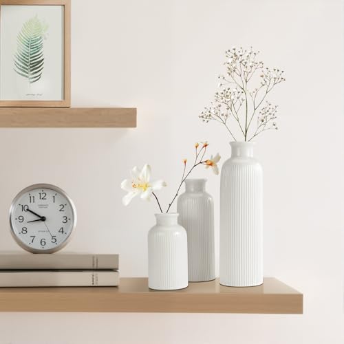Small White Ceramic Vase Set of 3, Boho Modern White Flower Vase Room Decor, Farmhouse Decor, Vases for Your Kitchen, Bathroom, Bedroom, Living Room, Office&Shelf Centerpiece Table Decorations - color: White