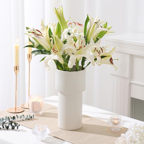 White Ceramic Flower Vase, Decorative Vase for Pampas Grass, Ribbed Vases for Decor, Boho Vases for Living Room, Office, Mantel, Shelf, Dinning Table, 10 Inches - color: White, size: Extra Large Ribbed