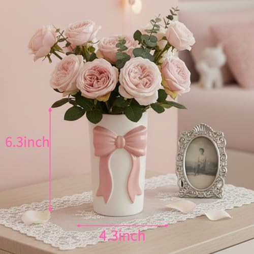 Pen Holder Bow Vase, White Flower Vase for Home Decor, White and Pink Ceramic Vases for Boho Style, Large Vases for Ideal Shelf Decor/Table/Living Room. (Pink 4, Large) - color: Pink 4