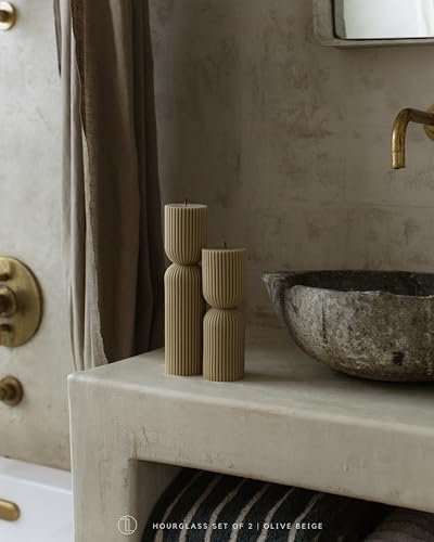 LAWA Hourglass Pillar Candle - Large Beautiful Handmade Pillar Scented Soy Wax Candle Elegant Bubble Aesthetic Candle Housewarming Gift Home Room Shelf Decor Idea Olive Beige (Set of 2) - color: Olive Beige
