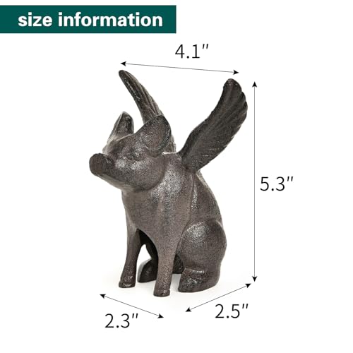 Sungmor Cast Iron Flying Pig Statue, Whimsical Sitting Pig Garden Decorative Statue, Rustic Black Brown Home Office Desk Paperweight Doorstop, Cute Collectible Figurine Bookshelf Ornament - color: Flying Pig