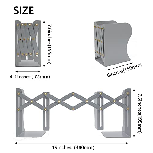 Adjustable Metal Bookends Heavy Duty for Shelves, 2 Dividers, Anti-Slip Design Expandable Book Ends for Desk, Office(Gray, 19 inches Max) - color: Gray