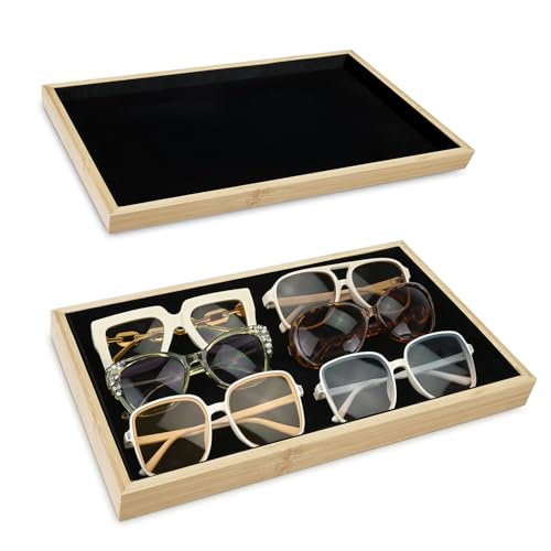 MOOCA 2 Pcs Bamboo Jewelry Display Tray, Presentation Tray, Organizer for Rings, Necklaces, Earrings, and Accessories, Black Color, 14" W x 9.6" D x 1.2" H - color: 1 Compartment, Black