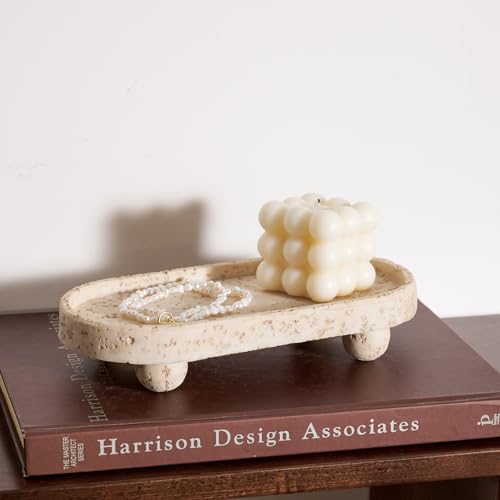 DN DECONATION Resin Decorative Tray with Legs, 4 Footed Coffee Table Trays Decor, Travertine Look Vanity Tray for Perfume Jewelry Bathroom Soap Kitchen Countertop Dresser, Oval 9.53x1.97in - style: 4 Footed