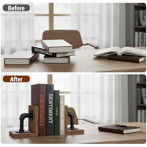 MyGift Book Ends, Decorative Bookends, Heavy Duty Book Holders for Shelves, Rustic Wood with Realistic Industrial Pipe Design,Unique Ideas for Father's Day, Christmas - color: Rustic Brown