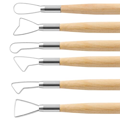Suiwotin 6pcs Double-Sided Clay Sculpting Tools, Wooden Handle Ribbon Clay Tools, Pottery Trimming Tool, Clay Wire Loop Sculpture Set for Ceramic, Wax Carving Modeling - size: 6pcs-Loop