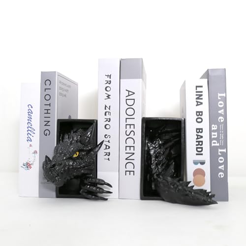 Dragon Bookends, Black Fantasy Book Nook Insert, Gothic Library Decor, Decorative Dragon Shelf Display