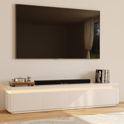 POVISON Fully Assembled 79" Mid-Century Modern TV Stand with LED Lights, Glossy Sintered Stone Top Media Console for 75 Inch TV, Drop-Down Doors & Drawers, Open Storage for Living Room - color: White, size: 79"