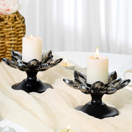 1 PC Black Crystal Flower Tea Light Holder, Glass Tealight Candlestick with Metal Base, Votive Candle for Table Centerpiece, Wedding/Parties Decor, Nice Gift - color: Black
