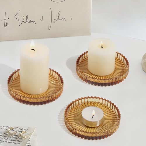Glass Pillar Candle Holder, 4" Amber Candle Plates Set of 3, Glass Candle Holders for Wedding, Party, Holiday, Home Decor, Table Centerpiece - color: Amber, size: 3 pcs