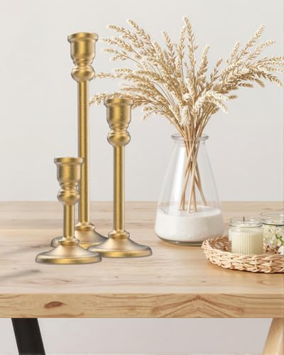 3-Piece Metal Candle Holders Set - Heavy Duty Alloy Taper Candlesticks for Table Centerpiece, Christmas, Dinner Party, Vintage Home Decor - 5-7.5 -10.3Inch Tall, Antique Gold Finish (Gold) - color: Gold