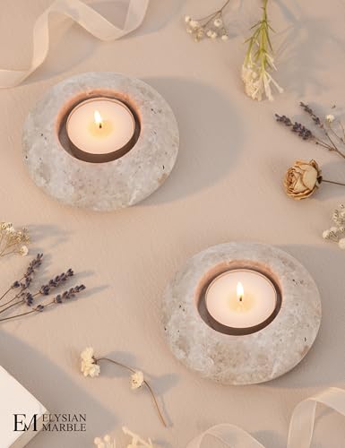 Tealight Candle Holders Set of 2 – Handcrafted Natural Marble Tea Light & Votive Holders, Decorative Stone Candle Holder Pair for Home Décor, Dining Table, Coffee Table & Wedding Decor - color: Travertine, size: 3.5" Inches