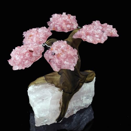 Rose Quartz Gem Tree on Natural Quartz Base – Healing Crystal Art Sculpture