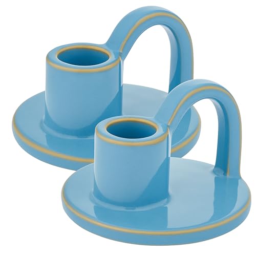 Ceramic Taper Candle Holders with Handle (Set of 2) – Tall Candlestick Holders for Table Decor Centerpieces, Rustic Home Décor, and Dinner Table Styling Robin's Egg Blue - color: Robin's Egg Blue