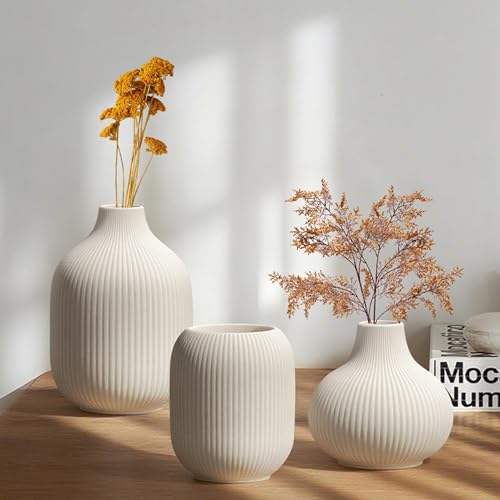 Small Matte White Ceramic Vases Set of 3, Modern Minimalist Ribbed Vases for Centerpiece, Home Office Shelf Decor, Farmhouse Kitchen Bathroom Bedroom Living Room Decor - color: Round White