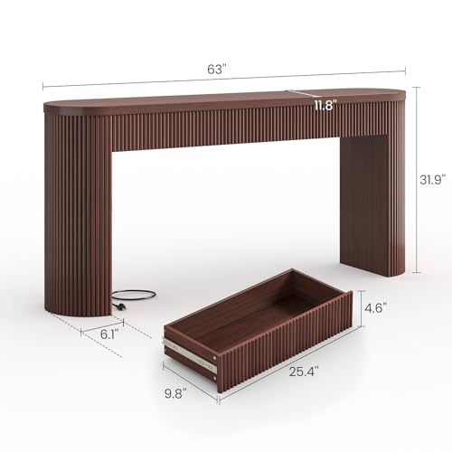 Itaar 63" Fluted Console Table with 2 Drawers, Modern Entryway Table with Storage, Long Sofa Table Behind Couch for Living Room, Hallway, Couch, Foyer，Brown - color: Brown
