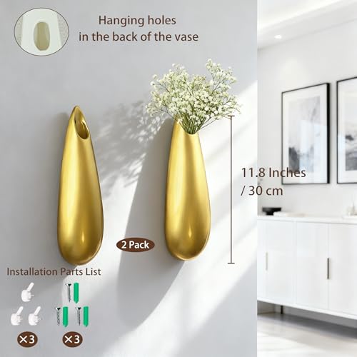 Sculptural Wall Ceramic Vase — 2 Pack Gold Hanging Sconce Vase | Turn Flowers into Art — Decorative Ceramic Wall Sconce for Single Stem Displays - size: 2pcs-Large