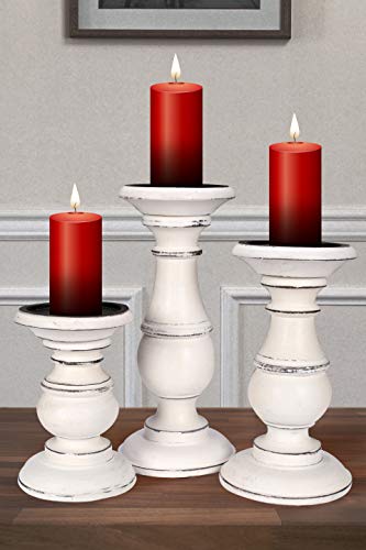 Candle Holders Set of 3 (10",8" & 6" Height)_White Antique,Pillar Candle Holder in Mango Real Wood,Decorative Candle Holders for Table Centerpiece, Wedding, Party, Home Décor, Spa, Farmhouse, Gifting - color: White Antique, size: 6"+8"+10" - High