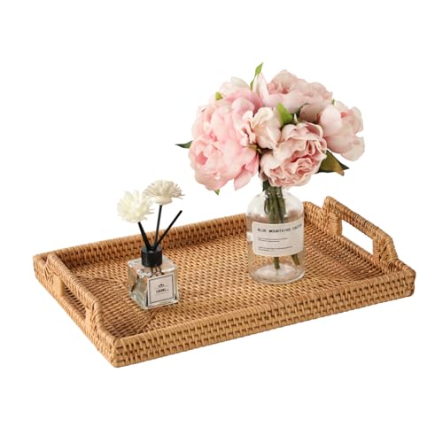 14.5'' Rattan Serving Tray Rectangle with Handles, Vintage Wicker Tray for Decor, Boho Seagrass Coffee Table Basket, Hand Woven Decorative Table Tray for Kitchen, Breakfast, Bathroom, Outdoor - size: 14.5" x 10.6" x 2"