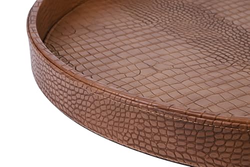 HofferRuffer Large Round Serving Tray 24'', Elegant Faux Leather Circle Ottoman Table Tray, Serve Tea Coffee Breakfast in Bedroom Living Room Kitchen (Antique Brown, 24'') - color: Antique Brown, size: 24"