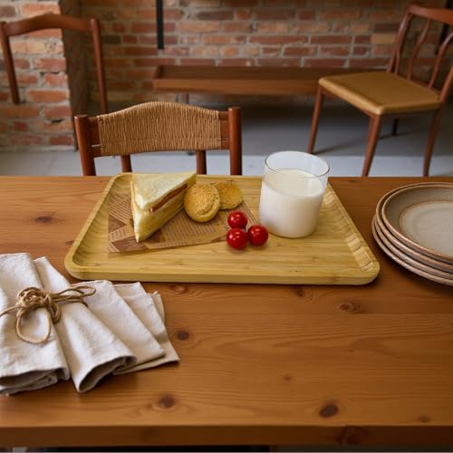 Bamboo Serving Tray Rectangle Platter Breakfast Dinner Food Bed Tray for Eating Kitchen Restaurants (1, 14.2" x 9.5" x 0.8" (no Handle)) - size: 14.2" x 9.5" x 0.8"