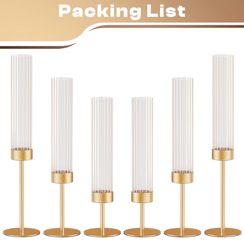 Gold Hurricane Candle Holders: Fluted Candlestick Holders for Wedding Tall Brass Taper Candle Holder Modern Candle Sticks Holder Decor for Table Centerpiece Party Birthday Christmas Set of 6 - size: Set of 6