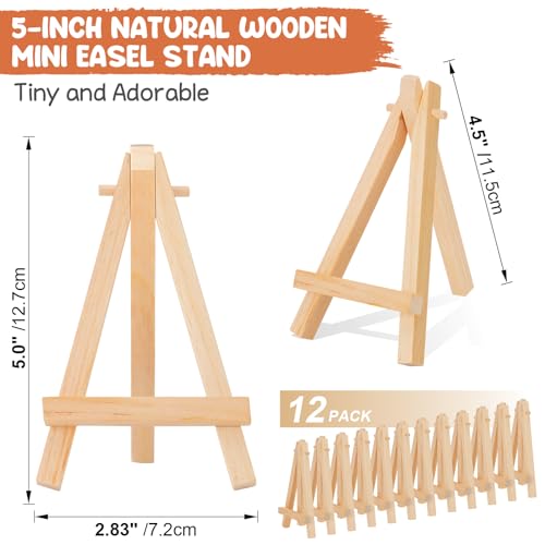 WOWOSS 12 Pack 5" Mini Wood Display Easel, Natural Wooden Tripod Holder Stand for Displaying Small Canvases, Business Cards, Photos