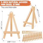 WOWOSS 12 Pack 5" Mini Wood Display Easel, Natural Wooden Tripod Holder Stand for Displaying Small Canvases, Business Cards, Photos