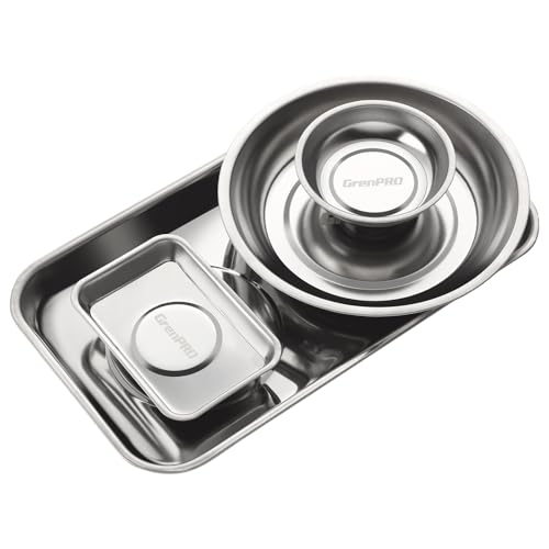 GRENPRO Magnetic Tray 4-Pack | Stainless Steel Magnetic Parts Trays | 3 Inch, 6 Inch, Square & Shallow Tray Set - style: Assorted (Round, Square, Shallow)