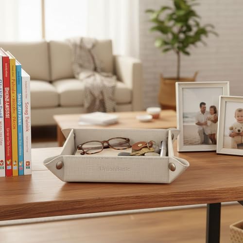 UnionBasic Small Valet Tray, Jewelry Tray for Rings Watches Earrings, Entryway Catchall Caddy for Coins Keys Change, Nightstand Bedside Valet Holder, Trays for Electronic Gadgets, Beige - color: Beige, size: 5.4" x 5.4" x 1.6"