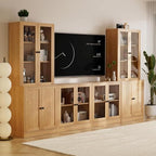 TUSY 71" TV Stand Storage Set - 2 Tall Bookcases & 2 Side Cabinets, Media Console with Glass & Wood Doors, Entertainment Center with Drawers, Tall Media Console for Living Room (Wood, ADDA) - color: Wood