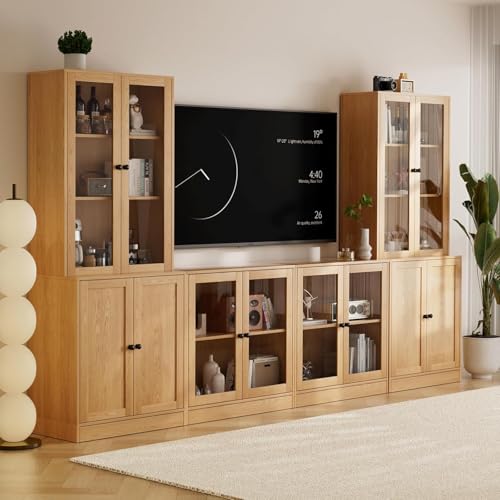 TUSY 71" TV Stand Storage Set - 2 Tall Bookcases & 2 Side Cabinets, Media Console with Glass & Wood Doors, Entertainment Center with Drawers, Tall Media Console for Living Room (Wood, ADDA) - color: Wood