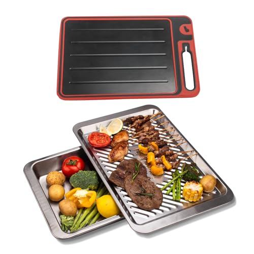 Grilling Prep and Serve Trays, Set of 3 Stackable Stainless Steel BBQ Trays with Cutting Board, Deep Marinating Container, Serving Platter for Plating Food, BBQ Prep Tub for Marinating Meats - style: Deep Prep Trays with Cutting Board