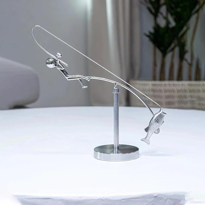 The Fisherman Balancing Sculpture, Kinetic Fishing Sculpture - Balance Art for Your Space, Metal Fisherman Statue Home Office Desktop Ornament, Gift for Fishing Lovers