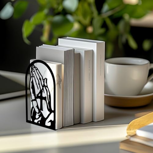 Peacoblue Metal Bookends for Shelves, Modern Decorative Heavy Duty Study Book Support Stoppers for Office, Desk, Shelf, Room 5.3"x4.3"x7.8" Cast Iron Tall Bookends, 1 Pair (Praying Hands and Cross) - style: Folded Hands and Cross