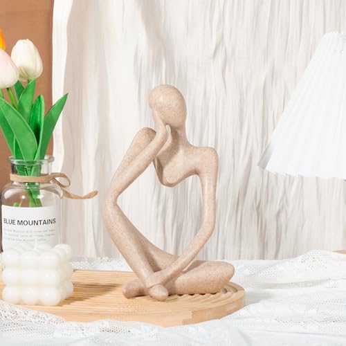 INNOLITES Boho Decor Thinker Statue Abstract Art Sculpture, Sandstone Resin Collectible Figurines for Home Living Room Office Shelf Decoration (Sandstone Left) - color: Sandstone-left