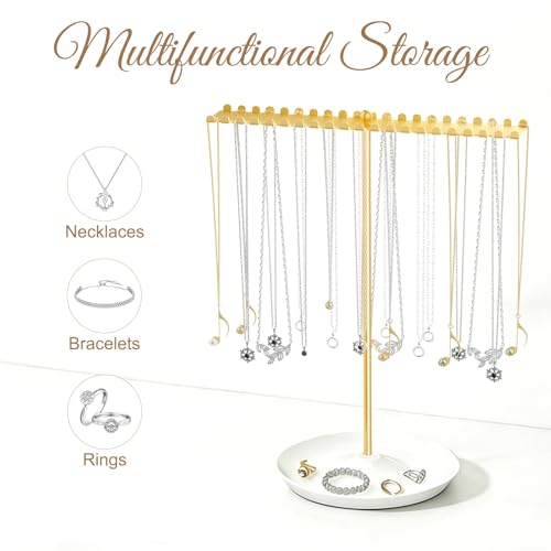 Jewelry Organizer Stand, Metal Necklace Holder Display With 42 Hooks, Gold Jewelry Holder for Necklaces, Bracelets, Rings, Bedroom College Dorm Decor for Women and Girls