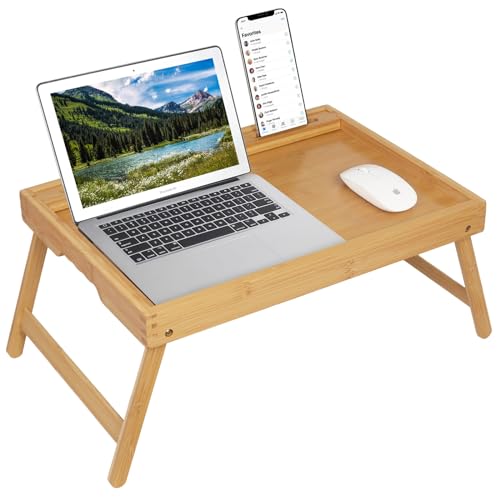 Artmeer Bed Tray Table with Folding Legs, Bamboo Breakfast Food Tray with Media Slot, Use As Platter, Laptop Desk, Snack, TV Tray Kitchen Serving Tray (Bamboo Large) - color: Bamboo, size: Large