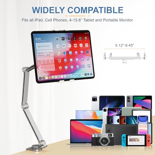 Houele Tablet Stand Holder, Adjustable Foldable Tablet Arm iPad Desk Mount with 360°Rotate Base, Phone Holder iPad Stand for Desk and Bed, Compatible with Tablets, Phones or Other 4-15.6" Device - color: Silver