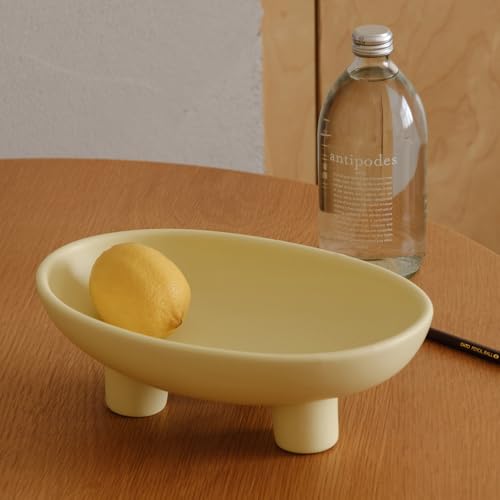 WENSHUO Three-Legs Ceramic Fruit Bowl for Kitchen Counter, Decorative Bowl for Table Décor, 10-inch Oval Large Bowls for Breads (Matte Yellow) - color: Matte Yellow