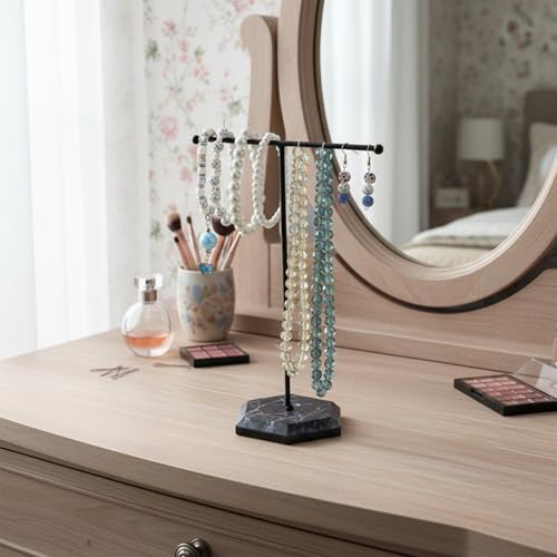 Tyqour Jewelry Stand Necklace Holder Organizer, Adjustable T-Bar Necklace Display Stand with Black Metal Base, Hanging Jewelry Organizer for Necklaces, Bracelets, Earrings, Watches