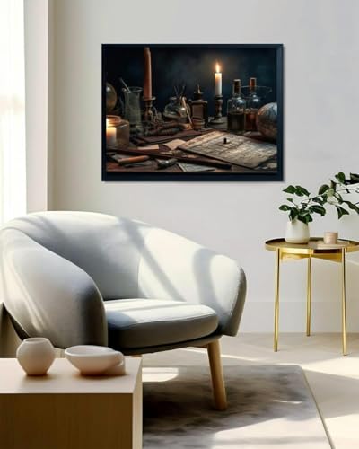 A table topped lots different types objects generative Dark academia Black Framed Canvas Wall Art for Living Room Bedroom Kitchen Bathroom Prints Pictures Wall Decor Posters Painting Artwork 12x16