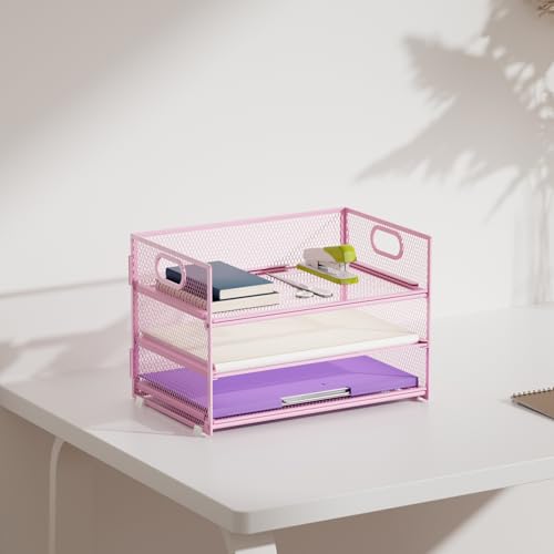 Marbrasse 3 Tier Paper Organizer Letter Tray, Mesh File Organizer with Handle, Paper Sorter Desk Organizer for Home Office Supplies(Pink) - color: Pink
