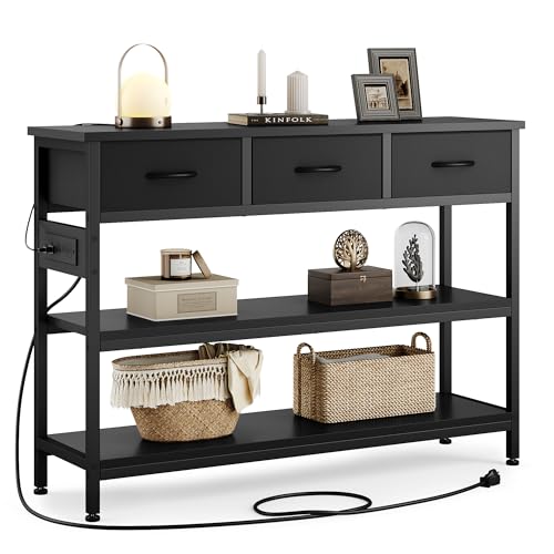 Lulive Entryway Table with Power Outlets, Console Table with 3 Fabric Drawers, Sofa Table for Living Room, Hallway, Couch, Foyer, Height Adjustable (Black, 43") - color: Black, size: 1-Pack 43 inches