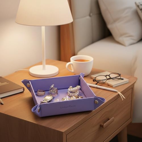 UnionBasic Small Valet Tray, Jewelry Tray for Rings Watches Earrings, Entryway Catchall Caddy for Coins Keys Change, Nightstand Bedside Valet Holder, Trays for Electronic Gadgets, Purple - color: Purple, size: 5.4" x 5.4" x 1.6"
